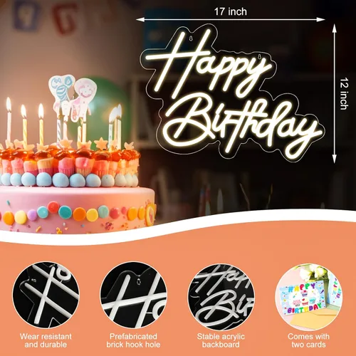 Miniatura 4 de Letrero de neón de feliz cumpleaños para decoración de pared, letrero de neón LED alimentado por USB con brillo regulable, ideal para fiestas