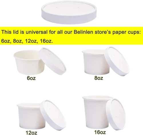 Miniatura 3 de 100 tapas de papel para tazas de helado de papel Belinlen de 5 oz/6 oz/8 oz/12 oz/16 onzas, tapas de sopa caliente/fría Blanco