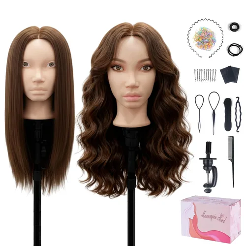 Miniatura 15 de Beauty Star Cabeza de maniquí con cabello humano 100% real, cabeza de peinado de muñeca de 18 pulgadas para práctica de trenzado y entrenamiento
