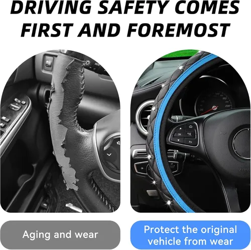 Miniatura 4 de Funda de cuero brillante para volante, 15 pulgadas, antideslizante, elástico, protector de volante con diamante brillante para mujeres y niñas, Azul