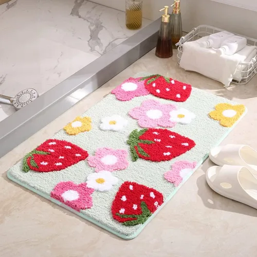 Tapete de baño suave y acogedor con diseño de fresa, antideslizante, lavable, tapete lanudo para dormitorio, tapete absorbente de flores, tapete