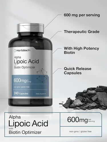 Miniatura 3 de Horbäach Ácido alfa lipoico de 600 mg 240 cápsulas con optimizador de biotina Suplemento sin OMG y sin gluten