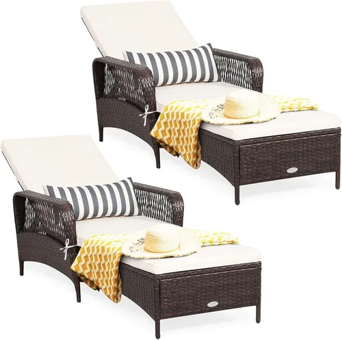 Miniatura 15 de HAPPYGRILL Sillón reclinable de ratán de polietileno para exteriores, tumbona para patio con almohada de cintura extra, silla reclinable con 6 Marrón