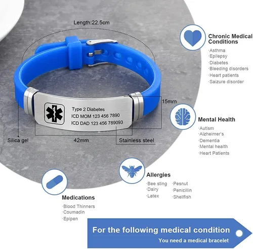 Miniatura 132 de OPALSTOCK Pulseras médicas personalizadas de silicona ajustable para identificación de emergencias, grabado gratuito, 9 pulgadas, resistente al