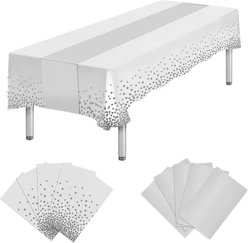 Miniatura 18 de Paquete de 10 manteles rectangulares de plástico y camino de mesa de satén, mantel desechable negro rectangular y dorado para cumpleaños