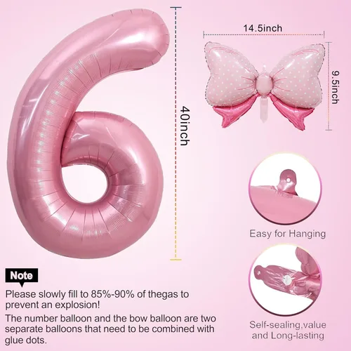 Miniatura 2 de HIBILDER 2 globos rosados del número 6 y mini lazo, decoraciones de fiesta de cumpleaños de 40 pulgadas, suministros de fiesta de sexto para niñas