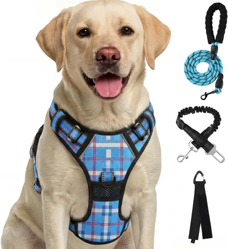 Miniatura 21 de FURRYFECTION Arnés a cuadros para perros pequeños, chaleco reflectante ajustable sin tirones para mascotas con clip frontal, correa, asa de fácil