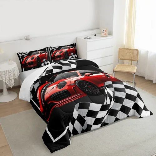Miniatura 6 de Juego de edredón de auto de carreras rojo, tamaño individual, juego de ropa de cama de celosía negro y blanco de 2 piezas para decoración de A-car 01