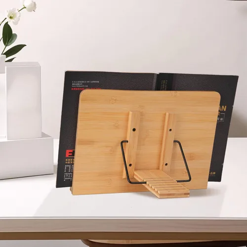 Miniatura 6 de MEGREZ Soporte de bambú para libros de 13.2 x 9.4 pulgadas, soporte plegable para libros de cocina con 6 alturas ajustables, soporte para libros