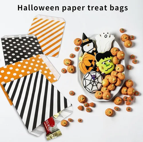Miniatura 3 de Jexila Paquete de 100 bolsas de regalo de Halloween, bolsas de papel con patrón de lunares naranjas y negros con patrón de rayas para niños, regalos