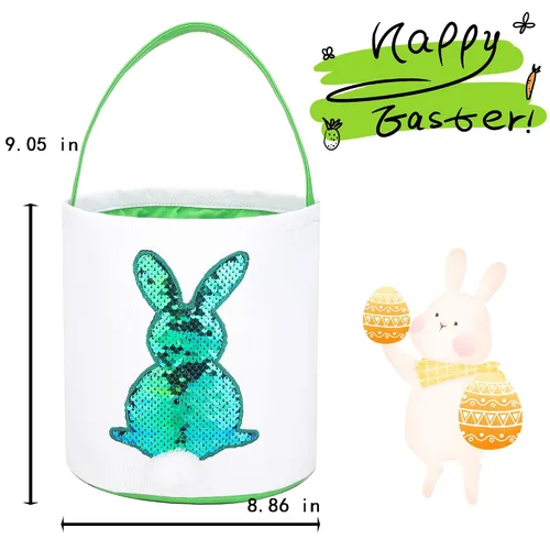Miniatura 7 de Cestas de Pascua para niños – Cestas de caza de huevos de Pascua para niños y niñas, bonita cesta de regalo de lona impresa de conejo de lentejuelas
