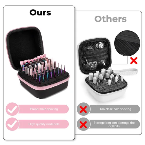 Miniatura 6 de Lavinda Juego de organizador para brocas de uñas rosa, estuche con 64 agujeros a prueba de polvo con espuma de alta densidad - Almacenamiento seguro