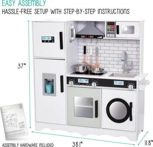 Miniatura 8 de Lil' Jumbl Juego de cocina para niños, cocina de madera de simulación, máquina de hielo a pilas, microondas, campana extractora, estufa, horno