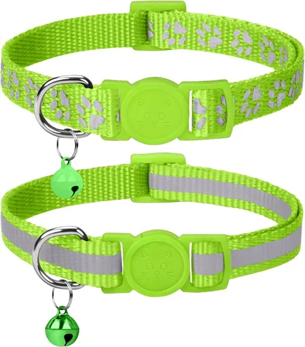 Collares reflejantes Taglory para gatos, incluye campana, paquete de 2 unidades, collar ajustable de 7.5 a 12.5 pulgadas, color verde