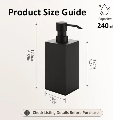 Miniatura 7 de BGL Black Soap Dispenser for Kitchen & Bathroom, Modern Square Liquid Hand Soap Pump, Rustproof Matte Black Lotion Dispenser with Non-Slip Bottom