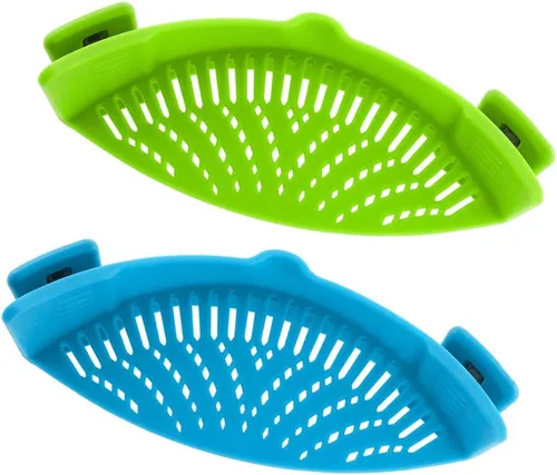 DaKuan - Colador a presión, 2 paquetes de colador de manos libres con clip, resistente al calor, boquilla para pasta, fideos vegetales, olla y sartén
