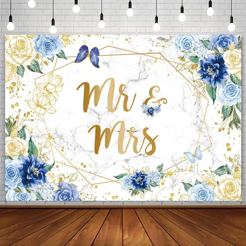 AIBIIN Telón de fondo floral de mármol de 7 x 5 pies para despedida de soltera, flores azules, mariposa, fondo geométrico dorado para parejas,