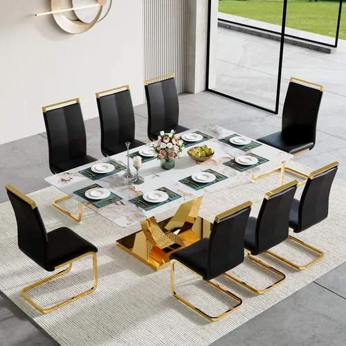 Miniatura 22 de Juego de mesa de comedor para 4, mesa de comedor de mármol sintético de 63 pulgadas con patas y base de acero inoxidable, sillas acolchadas