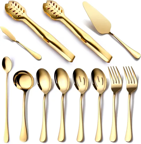 Miniatura 9 de Utensilios de Servicio Dorados, OGORI Juego de 8 Piezas de Cubiertos de Acero Inoxidable Pulido Incluye Cuchara de Servir, Cuchara Ranurada, Oro 8