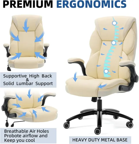 Miniatura 3 de Silla ergonómica de oficina para juegos, cómoda, silla de escritorio de cuero transpirable con soporte lumbar y soporte para la espalda, cómoda Beige