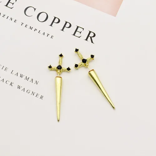 Miniatura 7 de Aretes de espada gótica, aretes de daga de diamantes de imitación, aretes de tornillo de espada retro negra, aretes de espada punk, aretes de espada