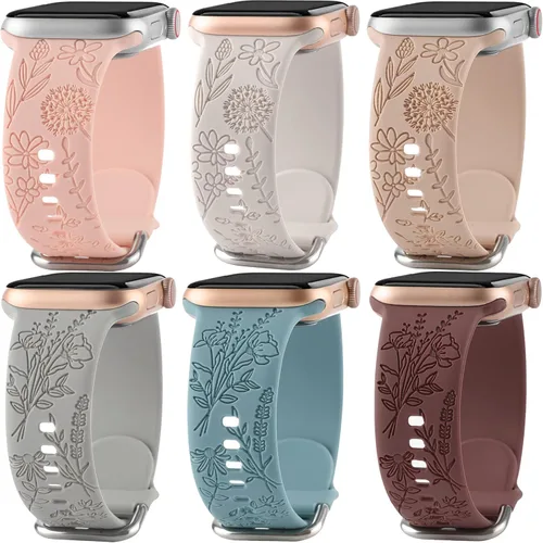 Miniatura 9 de Paquete de 6 correas de silicona grabadas con estampado floral compatibles con Apple Watch de 1.575 in 1.614 in 1.496 in 1.654 in 1.732 in 1.772 in