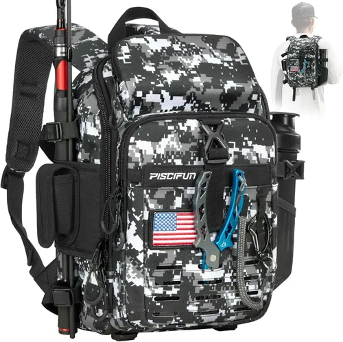 Miniatura 8 de Piscifun - Mochila para equipo de pesca con soporte para caña y equipo, bolsa de almacenamiento para equipo de pesca ligera con cubierta protectora