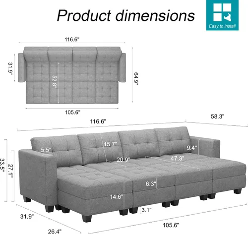 Miniatura 2 de Belffin Sofá cama modular de almacenamiento, sofá seccional con tumbonas anchas, sofá seccional convertible, sofá cama modular, cama gris claro