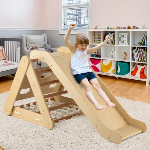 Miniatura 8 de HONEY JOY Escalador triangular 4 en 1 con rampa, escalera triangular de 3 lados para niños con cuerda de red y barras, juguetes de escalada Natural