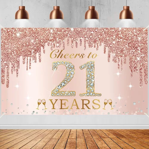 Decoraciones grandes de cumpleaños de "Cheers to 21 años" para mujeres, pancarta de feliz cumpleaños de 21 años de oro rosa con texto en inglés