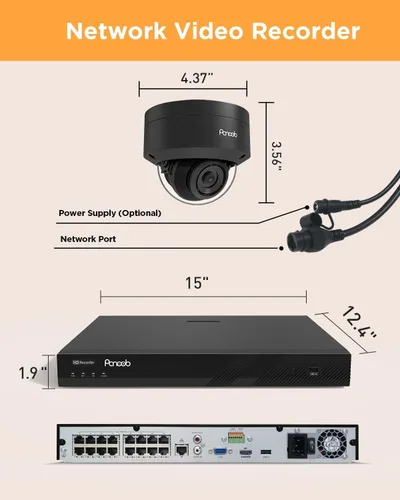 Miniatura 7 de Sistema de cámara de seguridad de 16 canales, 12 unidades de 5MP con cable IK10 Vandal Dome PoE cámara al aire libre, detección humana, micrófono
