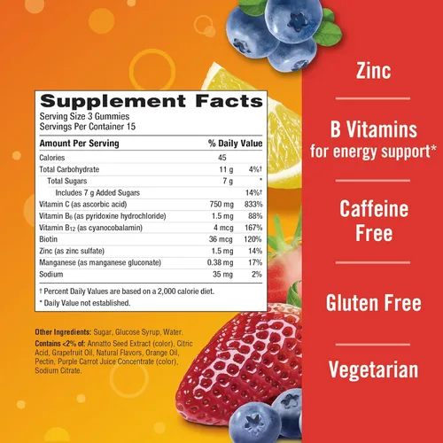 Miniatura 7 de Emergen-C Gomitas de vitamina C de 750 mg para adultos, gomitas de apoyo inmunológico, sin gluten, sabores de fresa, limón y arándanos, 45