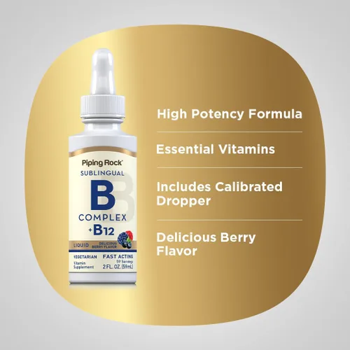 Miniatura 4 de Piping Rock Complejo de vitamina B con B12 Gotas líquidas 1200 mcg 2oz Suplemento sublingual Sabor a bayas Vegetariano, sin OMG, sin gluten