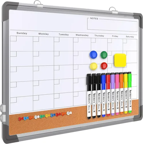 Miniatura 12 de Pizarra blanca de calendario mensual para pared, 24 x 18 pulgadas, pizarra de borrado en seco con tablero de corcho, pizarra blanca magnética, Blanco