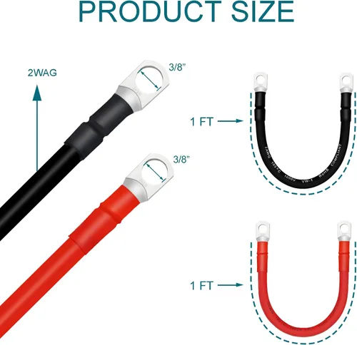 Miniatura 2 de Cable de batería, cables de batería 2 AWG con terminales, 2 cables de batería de cobre (1 pie).
