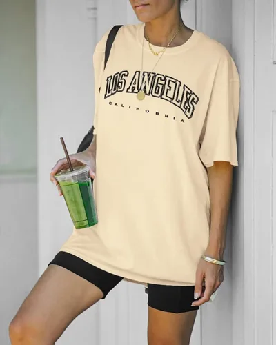 Miniatura 3 de Dressmine Camisetas de gran tamaño para mujer, de Los Ángeles, California, cuello redondo, media manga, camisetas gráficas casuales