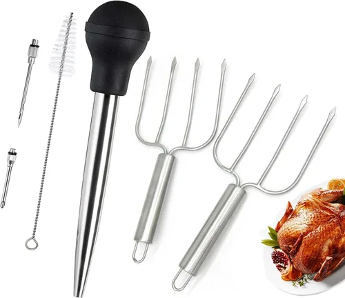 KAYCROWN Levantadores de pavo y asado de pavo, con 2 agujas de adobo y tenedores de acero inoxidable para aves de corral, elevadores de aves de