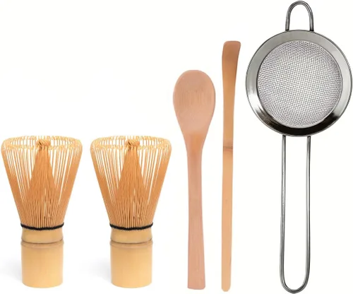 Juego de batidor de bambú Matcha con 2 paquetes de batidor de bambú natural 100% Matcha, colador, cuchara para té y cuchara de té, Chasen