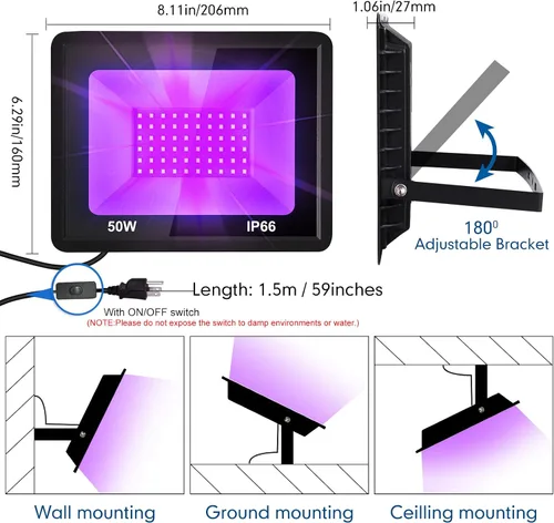 Miniatura 2 de Luz LED negra de 50 W, luz negra con enchufe IP66 impermeable para fiesta brillante, 385-400 nm, luces de inundación moradas al aire libre
