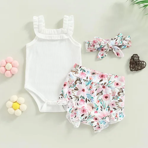Miniatura 48 de TheFound Trajes de verano para niñas pequeñas, sin mangas, de punto acanalado, halter, pantalones cortos, ropa para recién nacidos, conjunto de 3