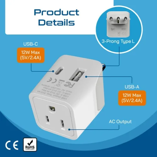Miniatura 5 de Adaptador de viaje Ceptics, de EE. UU. a Japón, Filipinas, con doble USB, tipo A, ultra compacto Tipo L - Italia