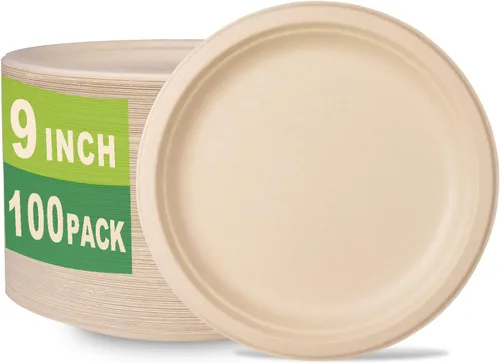 GreenWorks 100 unidades de platos compostables resistentes de 9", platos de papel de bagazo y bambú biodegradables no blanqueados