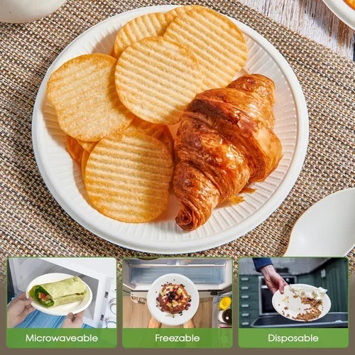 Miniatura 4 de Vplus Platos de papel pequeños 100% compostables, paquete de 300 platos de papel desechables de 6 pulgadas, biodegradables sin recubrimiento, hechos