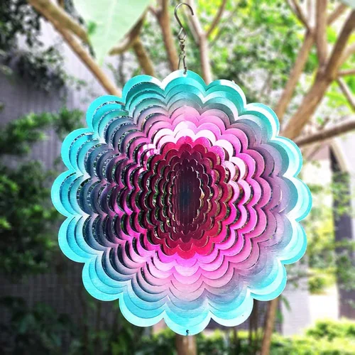 Miniatura 2 de FONMY Molinillo de viento de acero inoxidable colgante 3D para decoración de jardín para interiores y exteriores, diseño de girasol azul y rosa, 12
