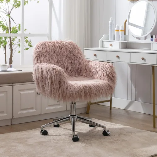 Miniatura 7 de Silla de escritorio de piel sintética rosa, lindo asiento acolchado tapizado, decoración de tocador, silla de oficina giratoria de altura ajustable