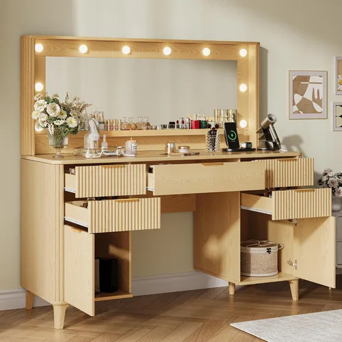 Miniatura 7 de Mesa de tocador estriada para maquillaje con espejo grande de 39.3" y luces, tocador de madera de 48.8", mesa de tocador grande, mesa de tocador