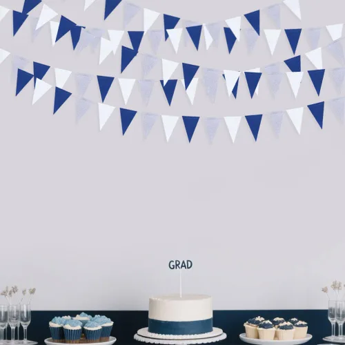 Miniatura 3 de Decoraciones de fiesta de 30 pies azul marino, blanco y plateado, bandera triangular azul real, pancarta banderín para graduación, cumpleaños, boda