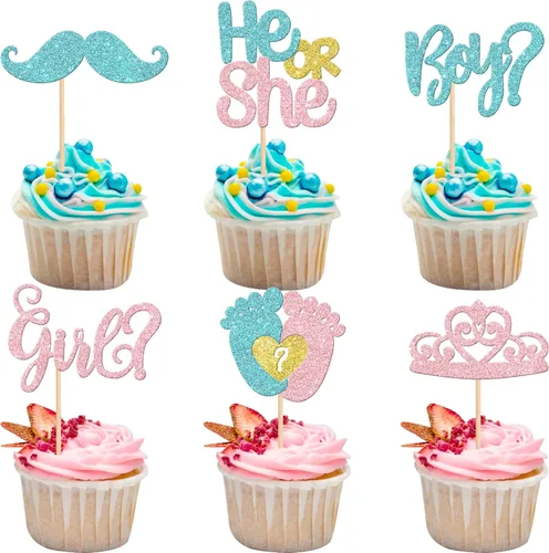 Miniatura 4 de 24 piezas de adornos para cupcakes para niños o niñas, con purpurina rosa o azul, overol para revelación de género, para baby shower, niños, niñas