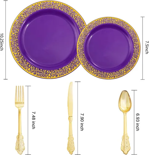 Miniatura 6 de U-QE 150 platos de plástico dorado morado con cubiertos dorados, platos de plástico dorados para fiestas y bodas, incluyen 30 platos llanos de 10.25