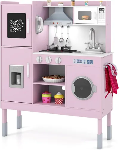 HONEY JOY Juego de cocina para niños, cocina de madera para niños pequeños, microondas, utensilios de cocina, lavadora, campana extractora, juego de